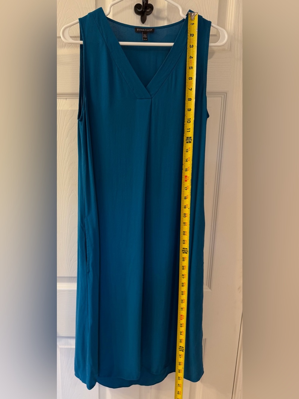 Eileen Fisher Silk Georgette Crepe V-Neck Pleat Shift Dress Teal Blue - Size XS - Picture 5 of 8